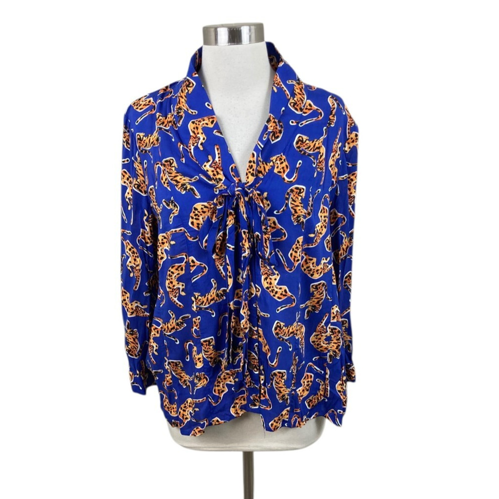Anthropologie Royal Blue Leopard Print Tie-Neck Blouse